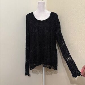 Black Metallic Crochet Spiderweb Sheer Long Sleeve Blouse Top Whimsigoth 1X